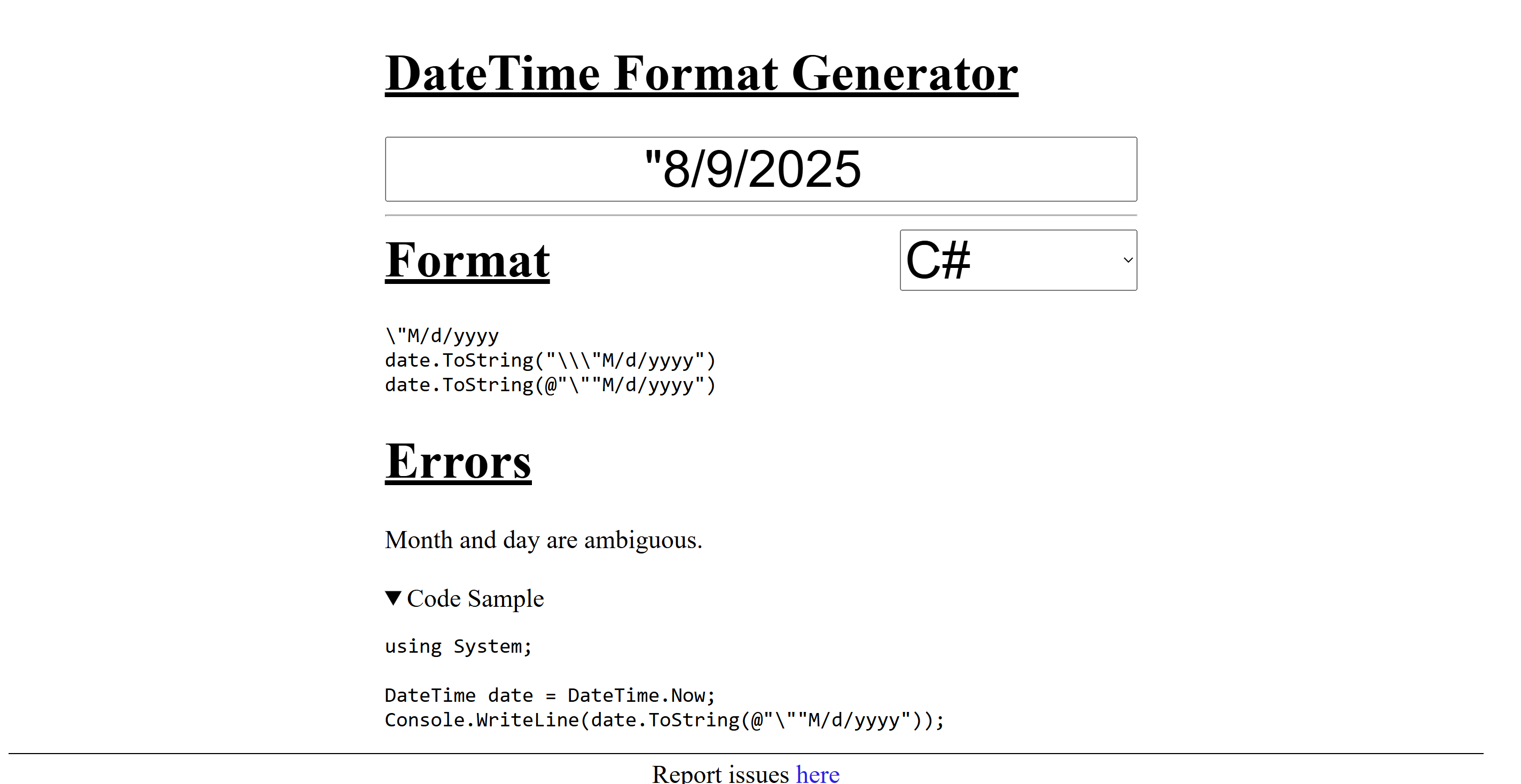 DateTime Format Generator Interface